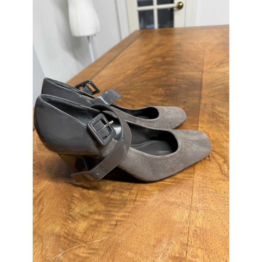 Franco Sarto Women's 7 Gray Suede Leather Mary Jane Block Heels Dress Shoes
